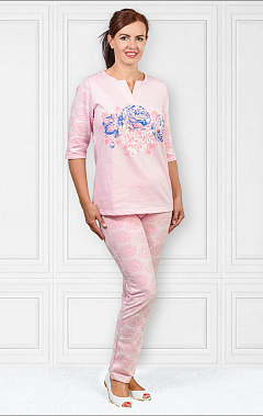 Пижама с брюками футер с начёсом, принт, розовый (485-1)