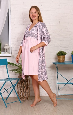 Пеньюар с сорочкой для беременных и кормящих мам, розовый, принт "Цветок" (08520-2)