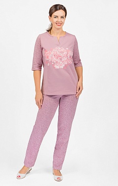 Пижама с брюками футер с начёсом, принт, сухая роза  (582-1)