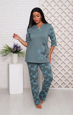 Пижама с брюками футер с начёсом, принт, хаки (945-1)