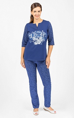 Пижама с брюками футер с начёсом, принт, синий  (582-2)