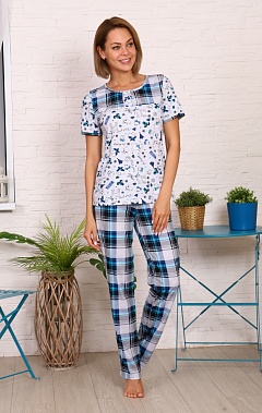 Пижама с длинными брюками, комбинированный бирюзово - синий (687-2)